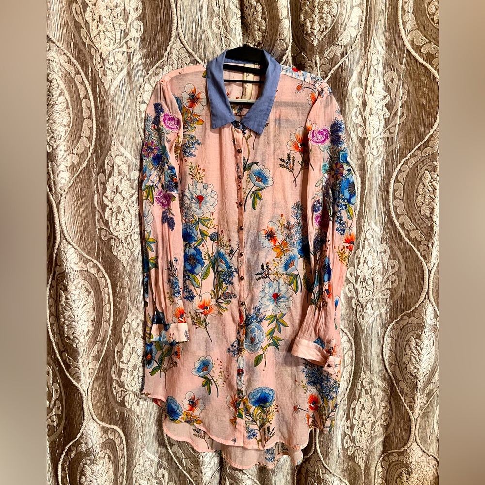 Aratta Silent Journey Tunic Soft Pink Floral & Embroidered Detail Large